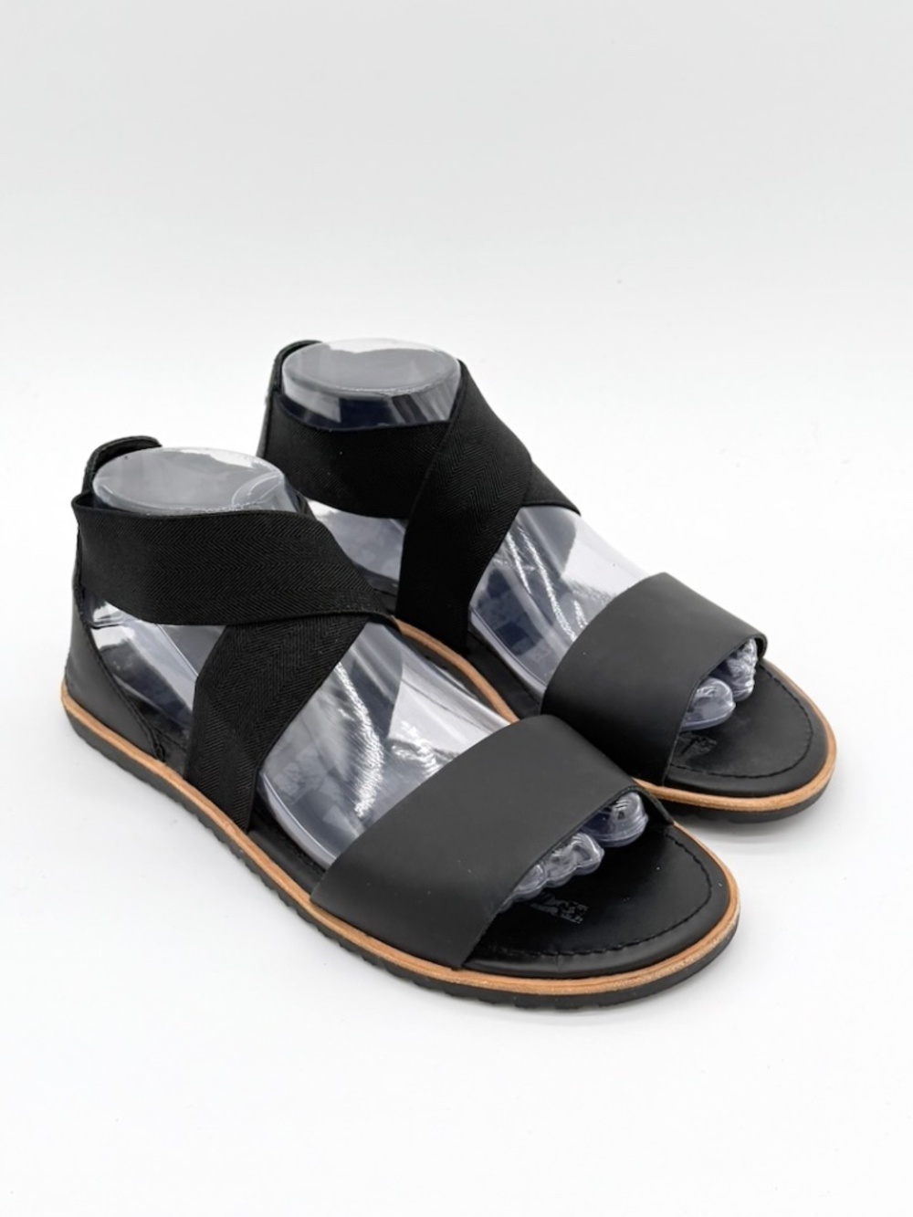 SOREL Ella Sandals Womens Sz 8 Black Leather Elastic Crisscross Ankle Strap Flat